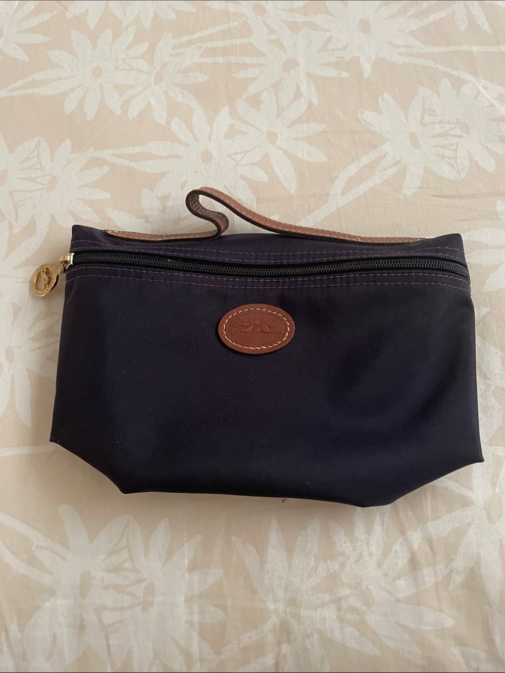 Longchamp Purple Canvas Cosmetic Bag with Brown Leather Trim